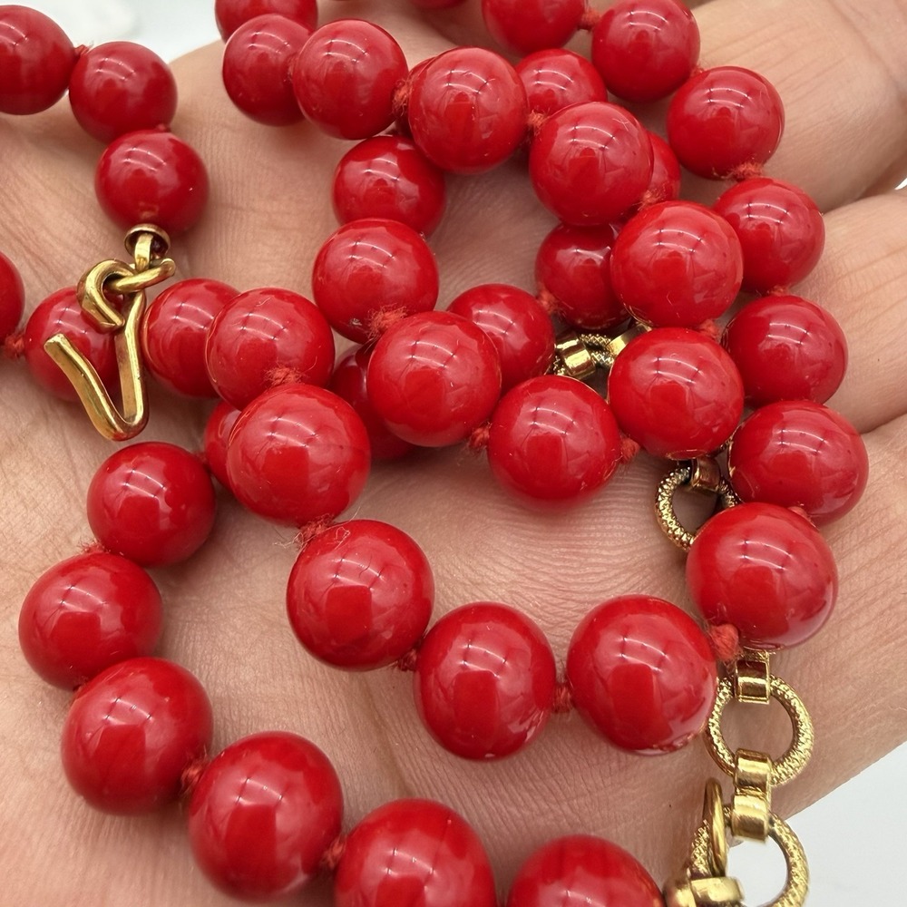 Vintage Monet Red Glass Necklace 8mm Knotted 60s Faux Mediterranean Coral